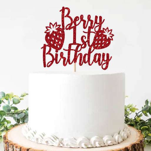 Strawberry Berry 1st Birthday Glittering Cake Pick